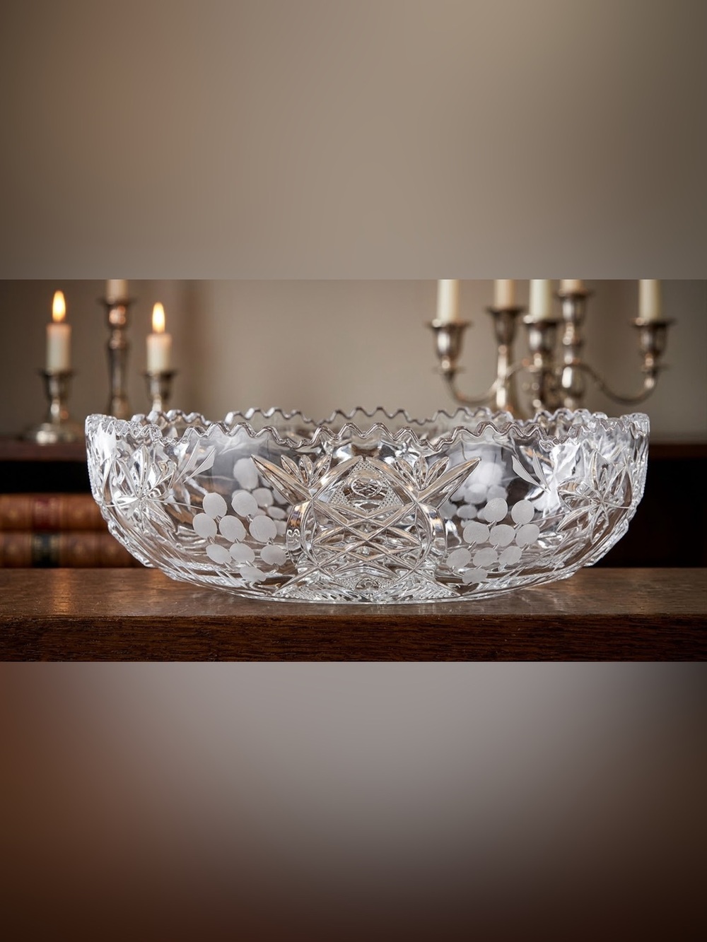 Vintage Heavy Cut Crystal Glass Bowl Oval Grape Etched Scalloped Rim European St